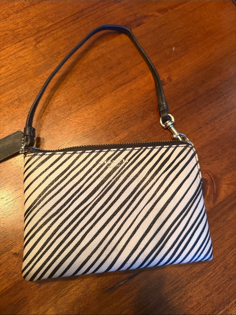 Coach Black & White Diagonal Stripe Wristlet
